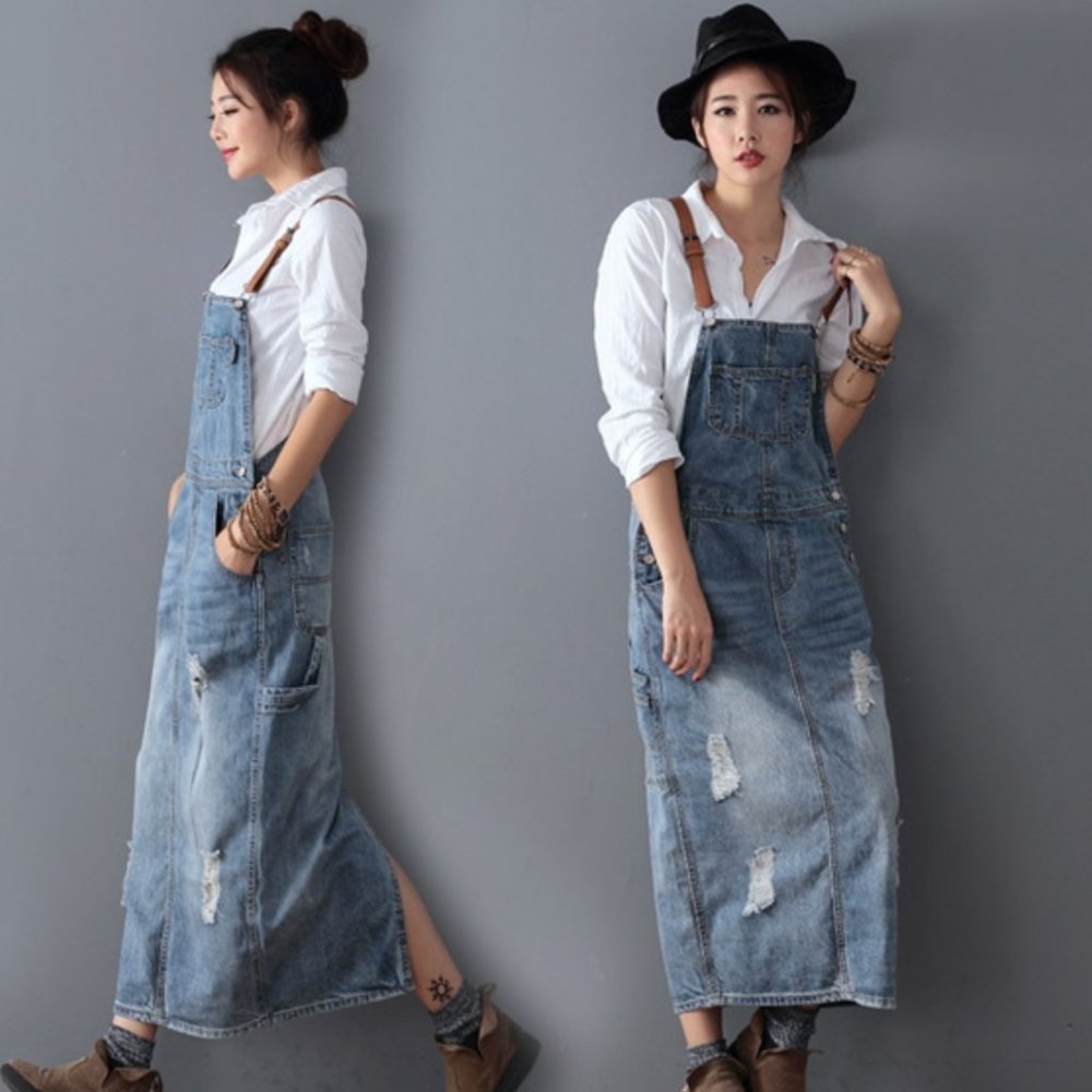Overall dress, denim w/ faux leather straps, maxi, fits like an XS (tag says M).